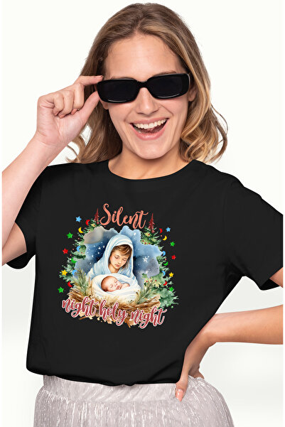 StoryGift Romania Tricou Femei cu scena Nasterii Domnului cu mesajul "Silent ...