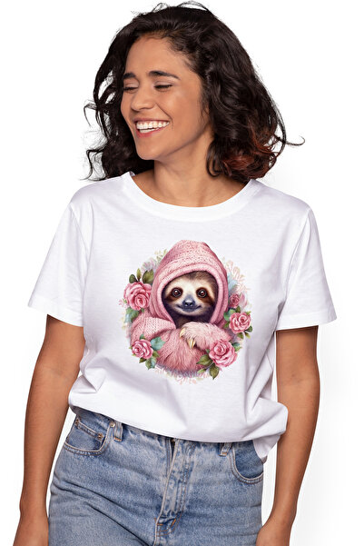 StoryGift Romania Tricou Femei cu animalul Sloth/lenes, ilustratie, imbracat ...