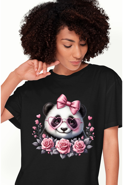 StoryGift Romania Tricou Femei cu un urs Panda fericit, ilustratie, trandafir...