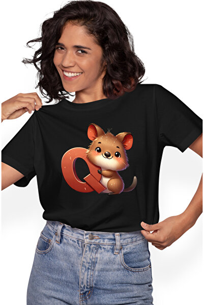 StoryGift Romania Tricou Femei cu un mic animalut cu litera "Q", ilustratie, pentru copii, scoala, BLK_L