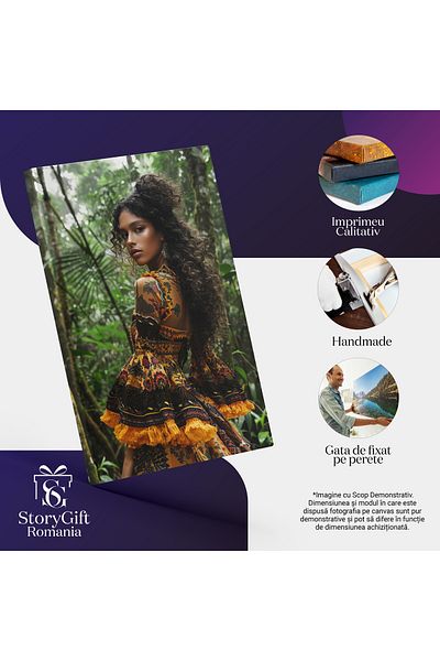 StoryGift Romania Tablou Canvas: Jungla Din Africa Portret Feminin Rochia Colorată Cu Ciucuri Vii Lângă Bambus Pi