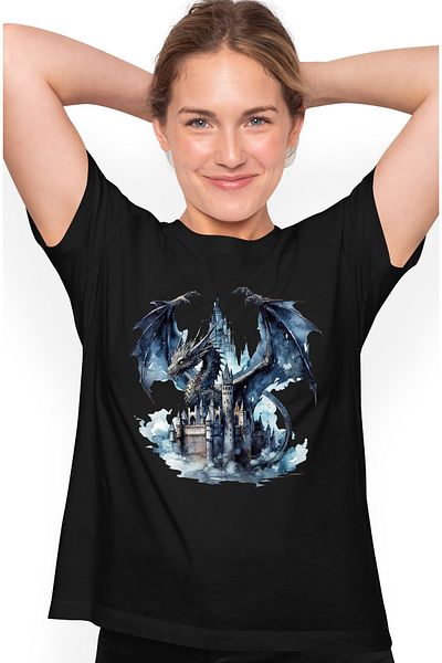 StoryGift Romania Tricou Femei cu un dragon negru, ilustratie, castel, furios, creatura mitica, ab BLK_M