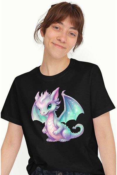 StoryGift Romania Tricou Femei cu un pui de dragon jucaus, ilustratie, corp stralucitor, solzi, ga BLK_L