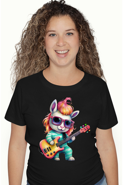 StoryGift Romania Tricou Femei cu un iepure rocker care canta la chitara, ilustratie, instrument m BLK_L