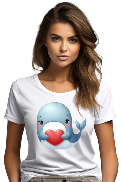StoryGift Romania Tricou Femei cu o balena care tine o inima, fericire, imbujorata, Valentine's Da WHT_L