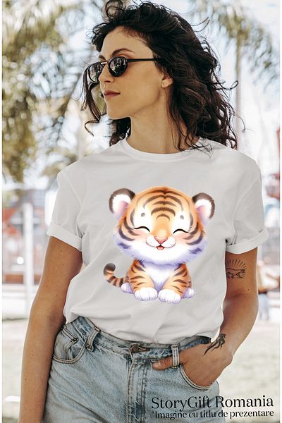 StoryGift Romania Women's T-shirt with a tiger cub, illustration, cheerful, good-natured, wild animal, WHT_L