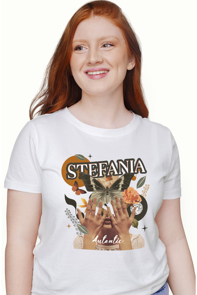 StoryGift Romania Tricou Femei Cu Numele Stefania, Colaj Fata, Fluture, Flori...