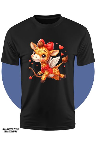 StoryGift Romania Tricou Copii Cu O Girafa Cupidon, Ilustratie, Trage Cu Arcul, Aripi, Zboara, Inimioare, Va