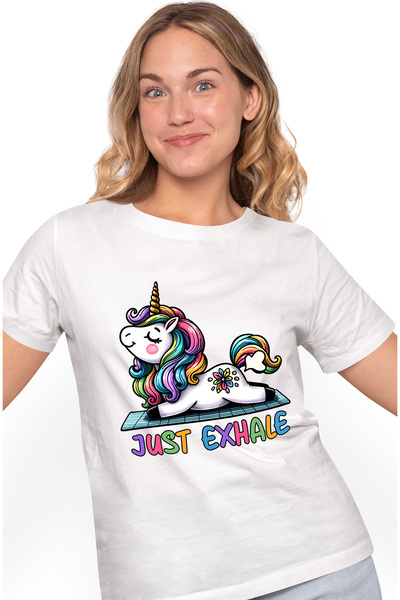 StoryGift Romania Women's T-shirt with a stretching unicorn with the message "Just Exhale", just exhale WHT_M
