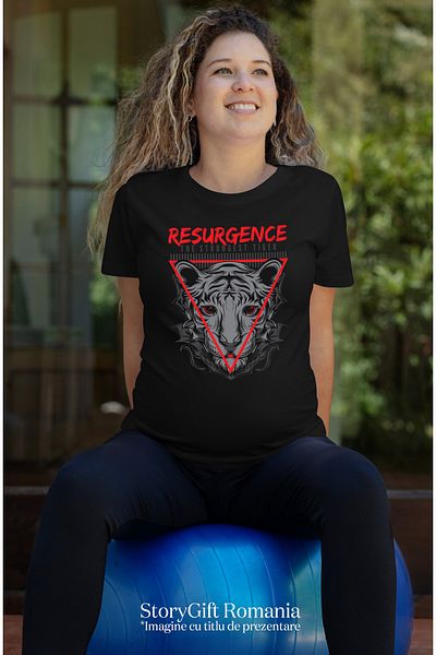 StoryGift Romania Women's T-Shirt With Portrait of White Tiger, Red Eyes, Red Triangles, Text IN English R BLK_L