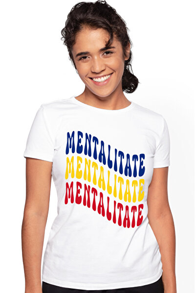 StoryGift Romania Tricou Femei Cuvantul Mentalitate, in Culorile Steagului Romaniei, Rosu, Galben, WHT_L