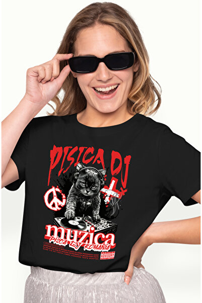 StoryGift Romania Tricou Femei Pisica DJ Romania, Muzica, Casti, Artist, cu imprimeu pe Fata, 100 BLK_L