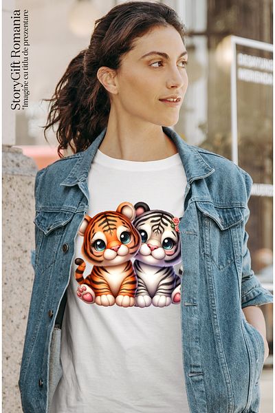 StoryGift Romania Women's T-shirt with 2 cheerful tiger cubs, illustration, blushing, flowers, friend WHT_L