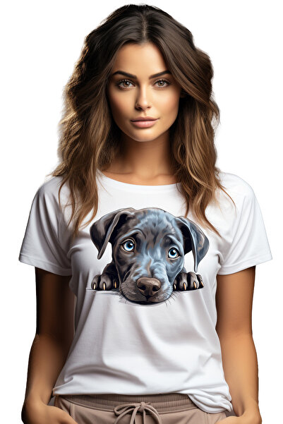 StoryGift Romania Tricou Femei cu un catelus timid, ilustratie, cenusiu, ochi putin tristi, pentru WHT_L