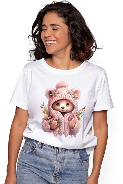 StoryGift Romania Tricou Femei cu un urs imbracat gros, ilustratie, flori, na...