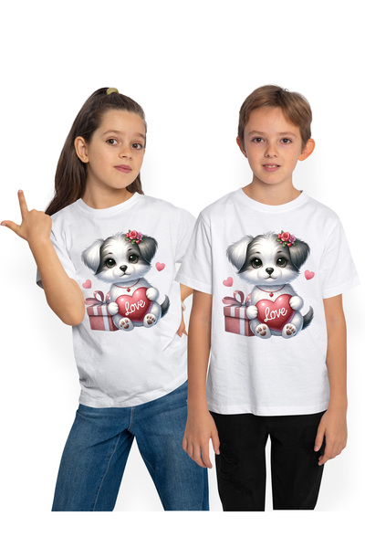 StoryGift Romania Tricou Copii Cu Un Catelus Care Tine O Inimioara Pe Care Sc...