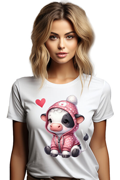 StoryGift Romania Tricou Femei cu o vacuta in hanorac, ilustratie, inima, iub...