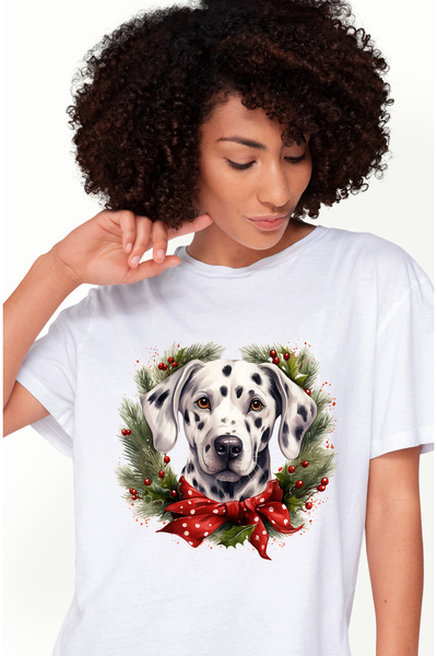 StoryGift Romania Tricou Femei cu un caine Dalmatian, ilustratie, coroana, brad, frunze, vasc, iar WHT_L