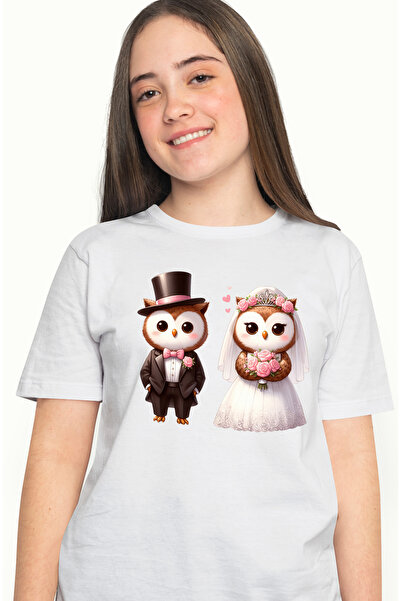 StoryGift Romania Tricou Femei cu 2 bufnite la nunta, ilustratie, casatorie, ...