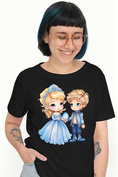 StoryGift Romania Tricou Femei cu o printesa si un baiat, ilustratie, apropiere, prietenie, rochie BLK_L