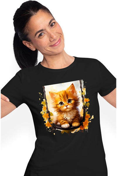 StoryGift Romania Tricou Femei cu un pisoi care se da in leagan, ilustratie, ...