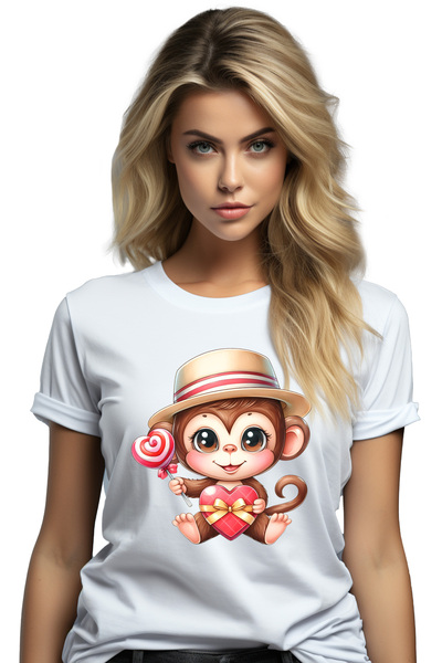 StoryGift Romania Tricou Femei cu o maimutica dragalasa, ilustratie, palarie, tine o cadea si o cu WHT_L