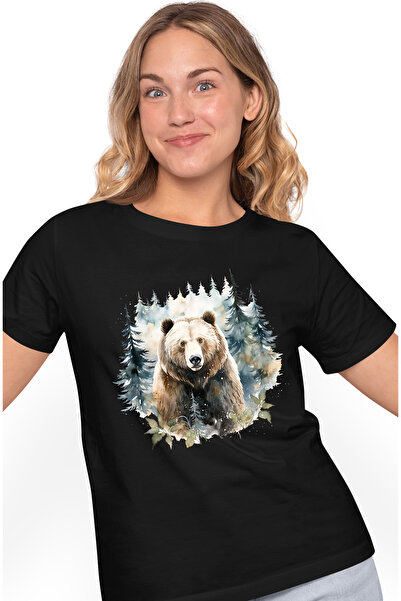 StoryGift Romania Tricou Femei cu un urs, ilustratie, in padure, brazi, natura, animal salbatic, p BLK_L