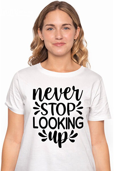 StoryGift Romania Tricou Femei cu indemn in engleza "Never stop looking up" - nu te opri niciodata WHT_L