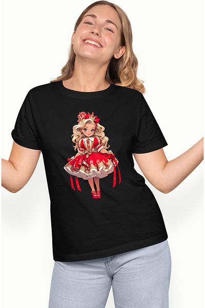 StoryGift Romania Tricou Femei cu o fetita dragalasa, ilustratie, rochie rosie, par blond, bucurie BLK_L