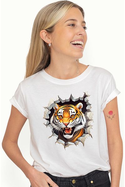 StoryGift Romania Women's T-shirt with an aggressive tiger sticking its head out of a wall, illustration, fu WHT_L