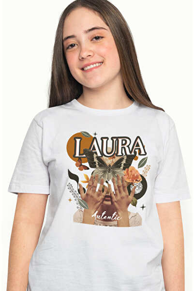StoryGift Romania Tricou Femei Cu Numele Laura, Colaj Fata, Fluture, Flori, Cerc, cu imprimeu pe WHT_L