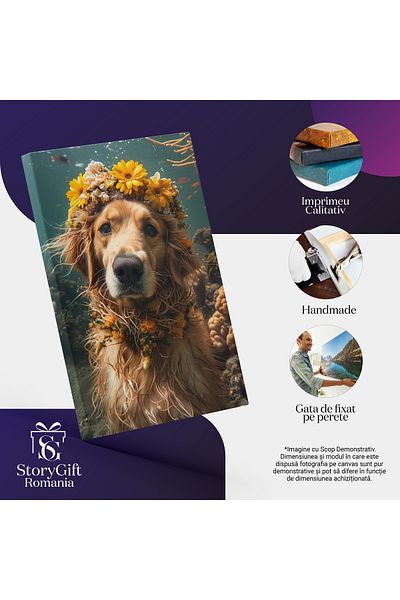 StoryGift Romania Tablou Canvas Câinele Din Apă Ghirlandă De Păpădii Și Coroniță Cu Flori Galbene Pe Cap , Pictur