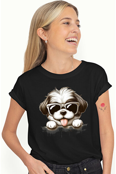 StoryGift Romania Tricou Femei cu un catel blanos care se uita peste gard, ilustratie, ochelari de BLK_L