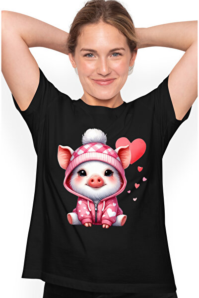 StoryGift Romania Tricou Femei cu un purcelus in hanorac, ilustratie, inimioa...