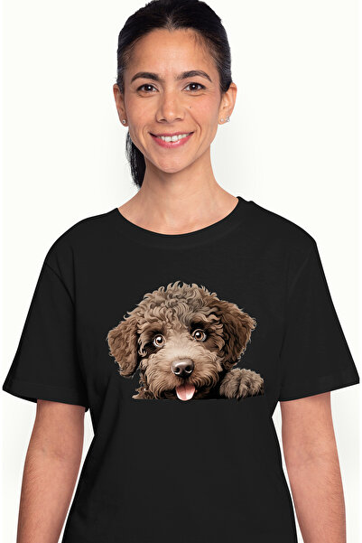 StoryGift Romania Tricou Femei cu un caine curios, ilustratie, se uita surprins, pentru iubitorii BLK_L