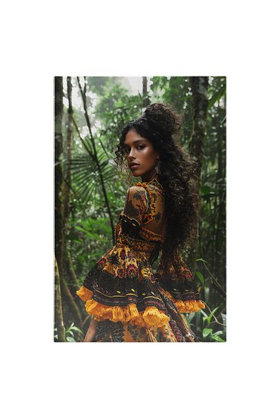 StoryGift Romania Tablou Canvas: Jungla Din Africa Portret Feminin Rochia Colorată Cu Ciucuri Vii Lângă Bambus Pi