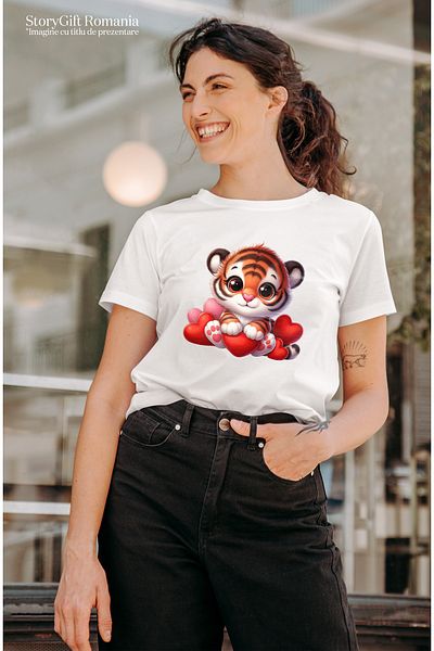 StoryGift Romania Women's T-shirt with a tiger cub holding a heart, illustration, Valentine's Day, WHT_L