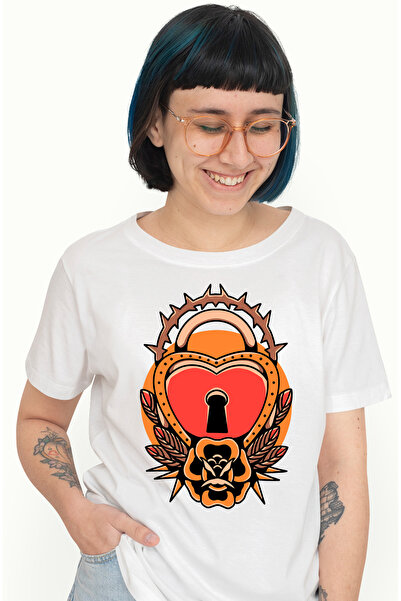 StoryGift Romania Tricou Femei Cu Inima, Lacat, Tepi, Pene, Floare, Frunze, M...