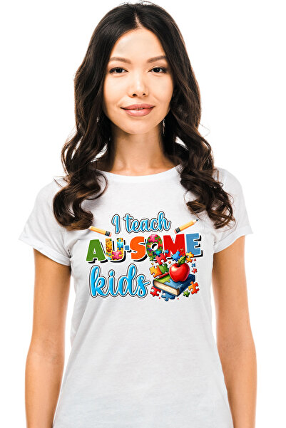 StoryGift Romania Tricou Femei cu mesajul "I teach au-some kids", ilustratie, scoala, elevi, stude WHT_L