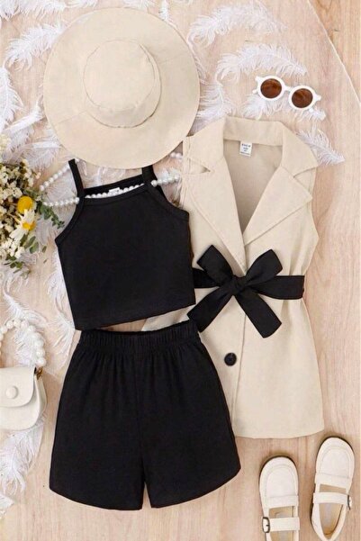 DeKuBaby الموسم الجديد سترة أنيقة بحزام + شورت + تي شيرت + قبعة الفتيات الفاخ...