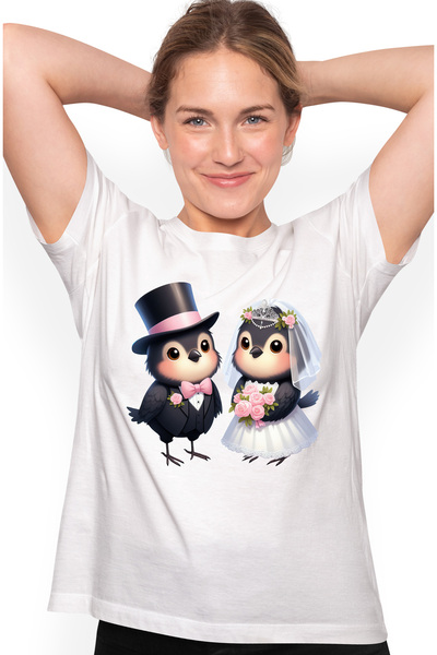 StoryGift Romania Tricou Femei cu 2 pasari la nunta, ilustratie, rochie de mi...