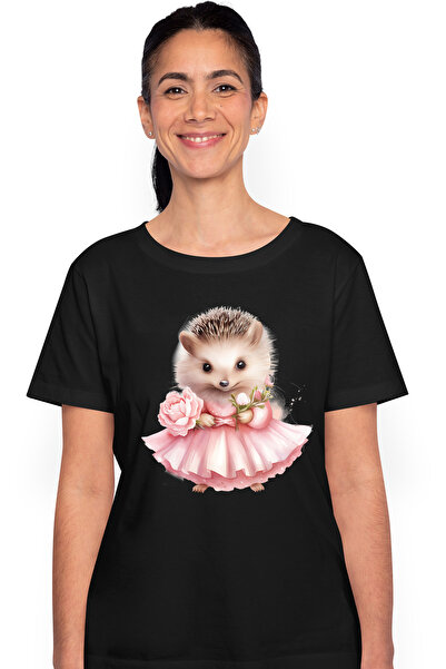 StoryGift Romania Tricou Femei cu un arici, ilustratie, rochita, roz, flori, plante, timida, in na BLK_L