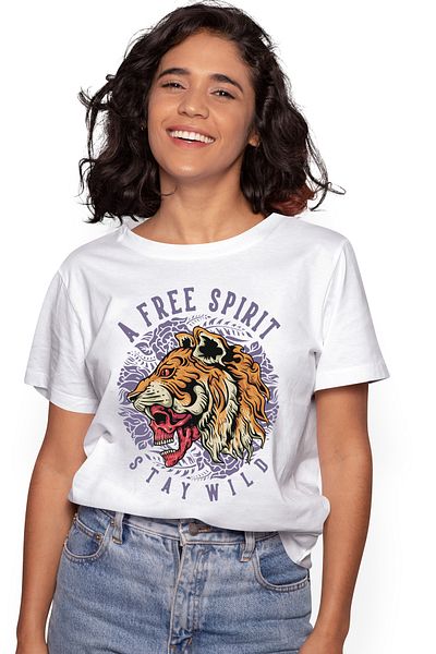 StoryGift Romania Women's T-Shirt With Message In English A Free Spirit Stay Wild, Tiger, Skull, Flowers, WHT_L
