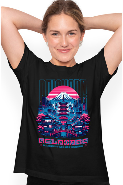 StoryGift Romania Women's T-Shirt Relaxing in Mt Fuji Tokyo Pop Art Japan, with Printed on the front, 100% BLK_L