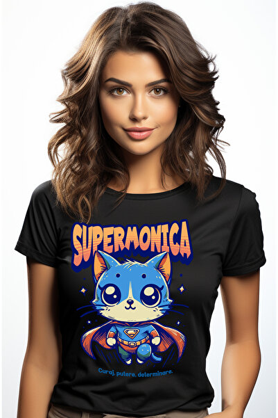 StoryGift Romania Tricou Femei Super Monica, SuperErou, Pisica Zburand, cu imprimeu pe Fata, 100% BLK_L