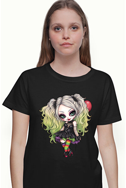 StoryGift Romania Tricou Femei cu o fata emo, ilustratie, par alb si verde, goth, zambeste, vesela BLK_L