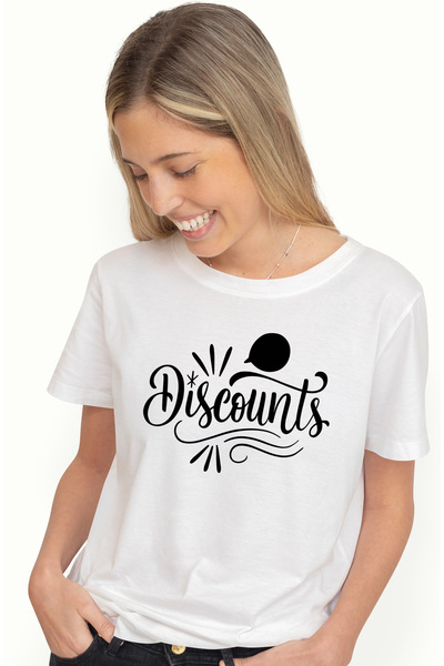 StoryGift Romania Tricou Femei cu textul "Discounts" - reduceri preturi mai mici cu imprimeu pe F WHT_L
