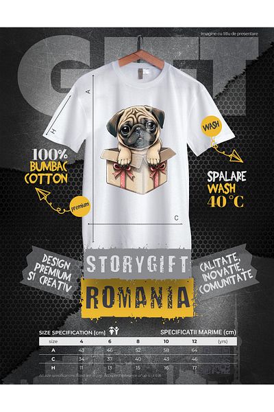 StoryGift Romania Tricou Copii Cu Un Catelus Pug Care Iese Dintr-o Cutiuta De Cadou, Surprins, Timid, Adopti