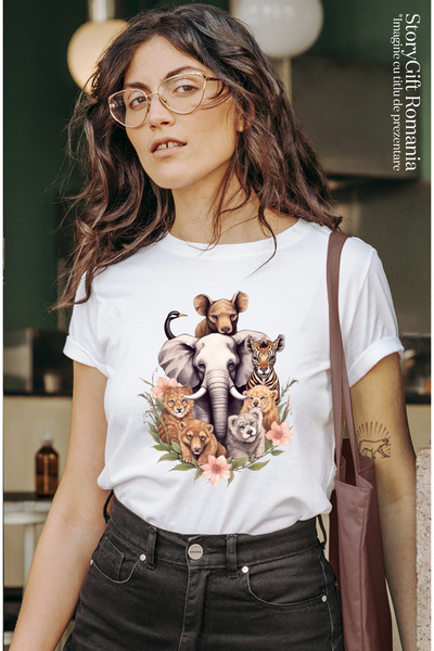 StoryGift Romania Tricou Femei cu animale salbatice, ilustratie, natura, intelegere, jungla, elefa WHT_L