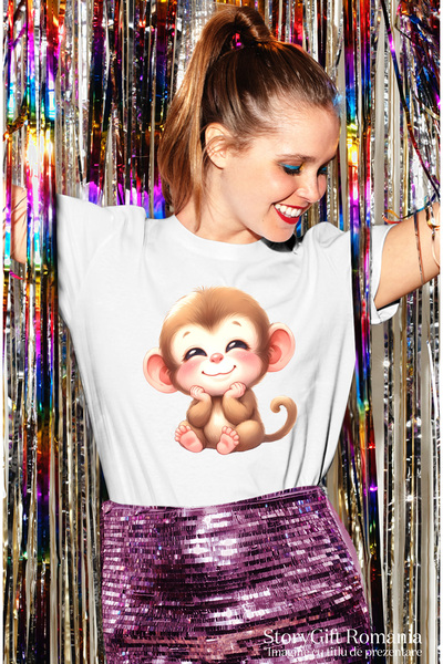 StoryGift Romania Tricou Femei cu o maimutica vesela, ilustratie, natura, copilarie, jungla, copac WHT_L